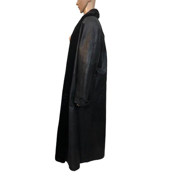 SOLD Vintage 1990s Black Leather Fur Collar Reptile Alligator Trench Coat - Picture 5 of 16